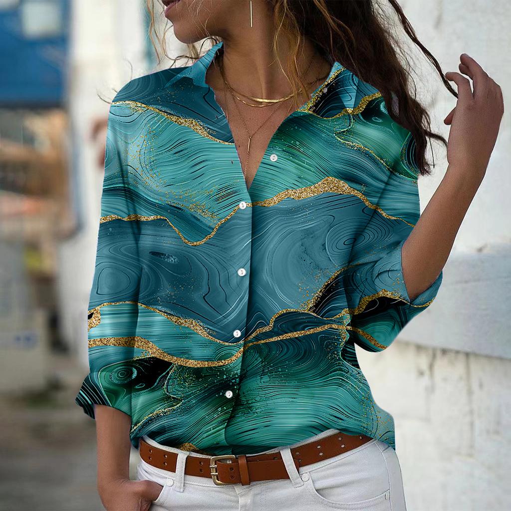 Flowing Sand Print Women Blouse Spring Autumn Femme Office Lady Button Up Turn Down Collar Shirts