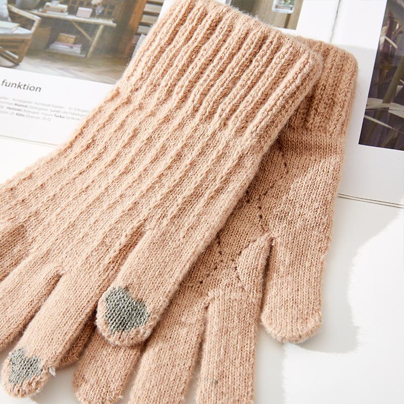 New Women's Solid Color Knitted Rhombus Jacquard Warm Gloves Stylish Touch Screen Riding Cold Proof Full Finger