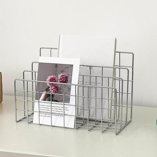 Magazine Holder Book Stand with 3 Vertical Compartments Hollow Design Rustproof Storage Rack Office Desk Organizer