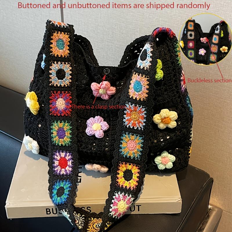 1pcBohemian Vintage Crochet Crossbody Bag with Floral Patterns Beige Fabric, No Closure Design, Adjustable Strap, Hand Wash Only