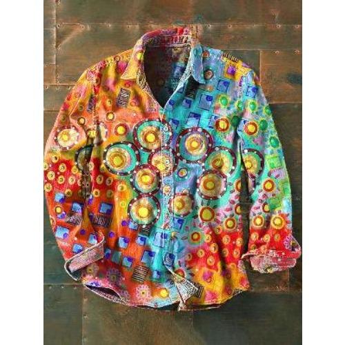 Retro-style Colour-block Print Men’s Long-sleeved Button-down Shirt