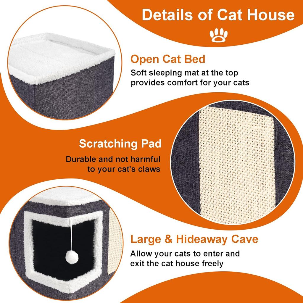 Cat Houses for Indoor Cats,Large Cat Bed Cave with Scratch Pad and Fluffy Ball, Foldable Cat Condo Hideaway