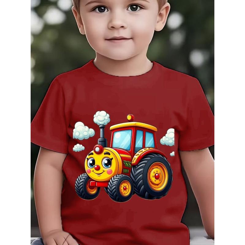 European sizes Cute Cartoon Tractor Print Short-Sleeve T-Shirt for Baby Boys, Summer Clothing for Infants Aged 0-3 Years, Round Neck Tee