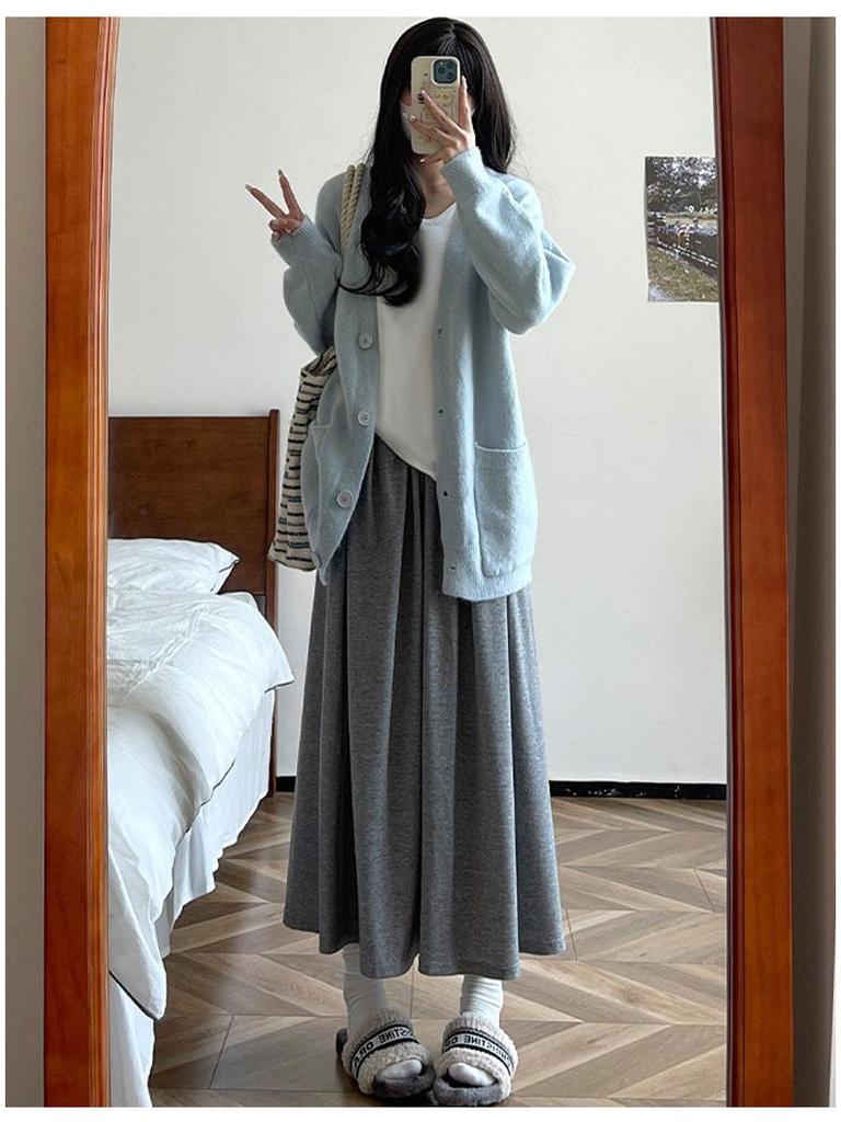 Deep Gray Early Autumn A-Line High-Waisted Skirt: Women's Casual Draping Slimming Skirt