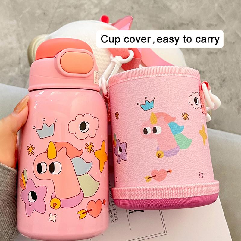 500ML Kids Thermos Bottle Stainless Steel Straw Cup With Case Cartoon Leak-Proof Vacuum Flasks Children Thermal Water Bottle