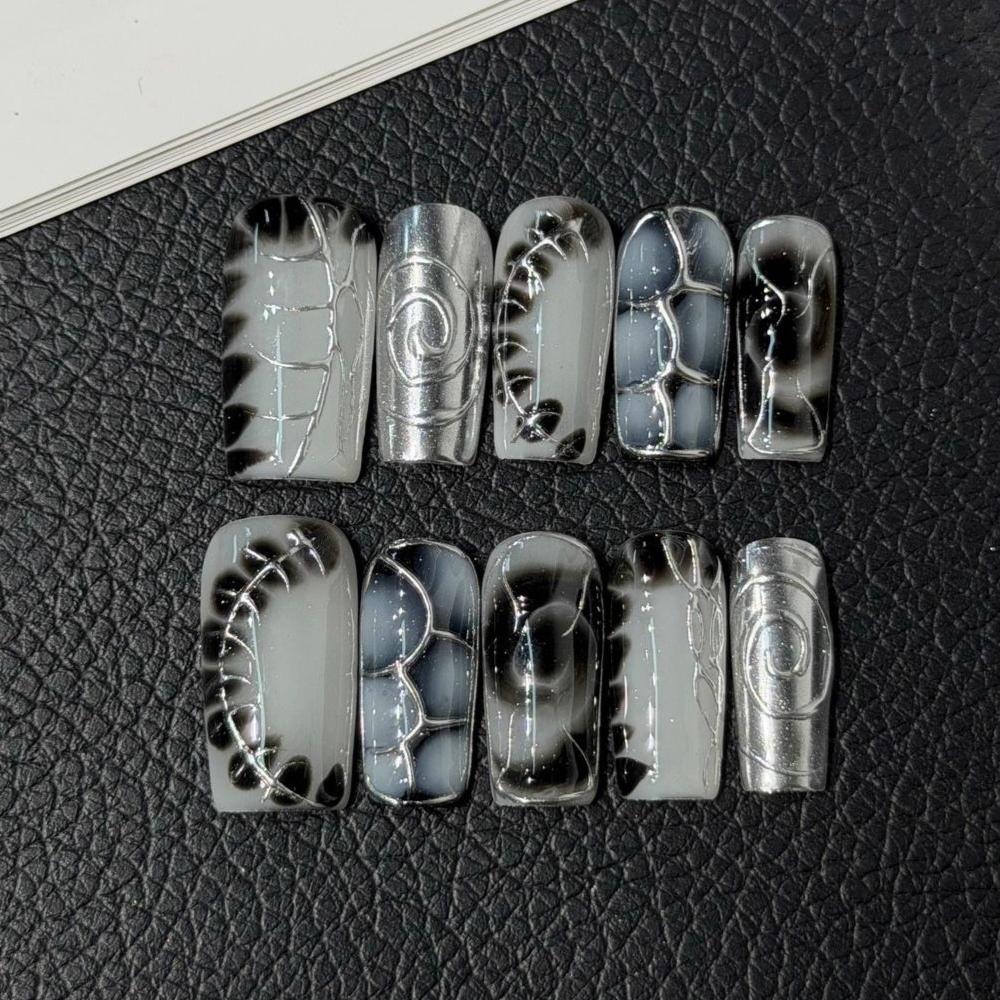 10Pcs Dark Sweet 3D Butterfly Floral Handmade Fake Nails Mid Length Ballet Acrylic Press On Nails For Women