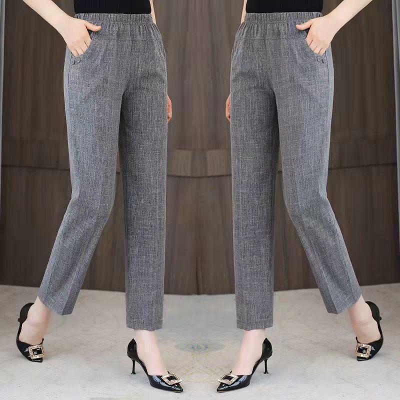Summer High Waist Straight Pants for Women Plus Size Classic Elastic Waist Cotton Linen Trousers