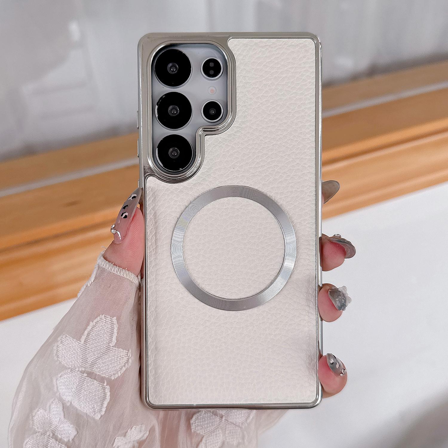 

For Samsung Galaxy S24 Ultra Magnetic Case Electroplating Litchi Texture PU TPU PC Phone Back Cover