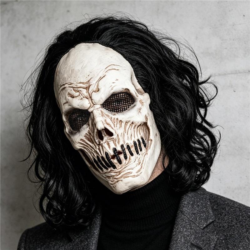 Black Long-Haired Skull Mask, Perfect for Holiday Parties, Halloween Pranks, Masquerade Balls, and Carnival Parties, Made of Latex