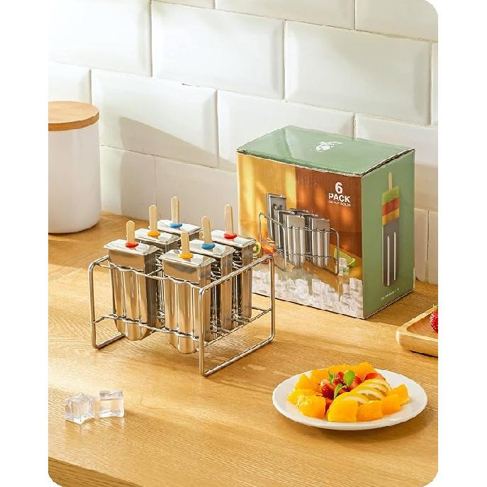 Baffect Metal Popsicle Moulds, Set of 6 Round Head Stainless Steel Ice Lolly Molds with Holder, Fast Freezing Ice Cream Makers with Lollipop Sticks Round