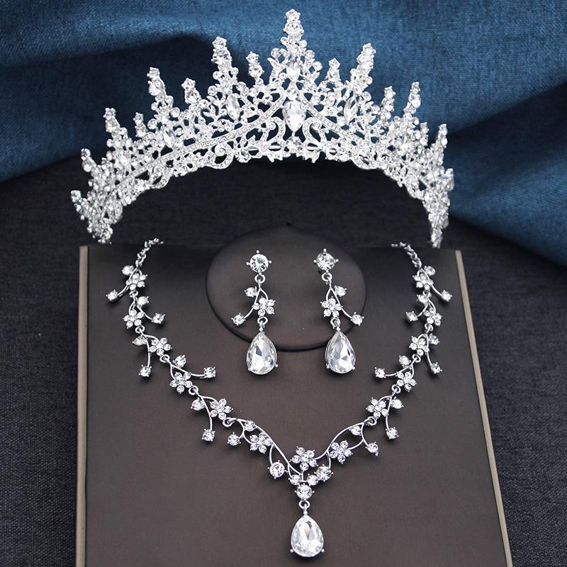 3Pcs Sets Princess Crown Bridal Jewelry Sets for Women Tiaras and Choker Necklace Earrings Wedding Dress Bride Jewelry Set