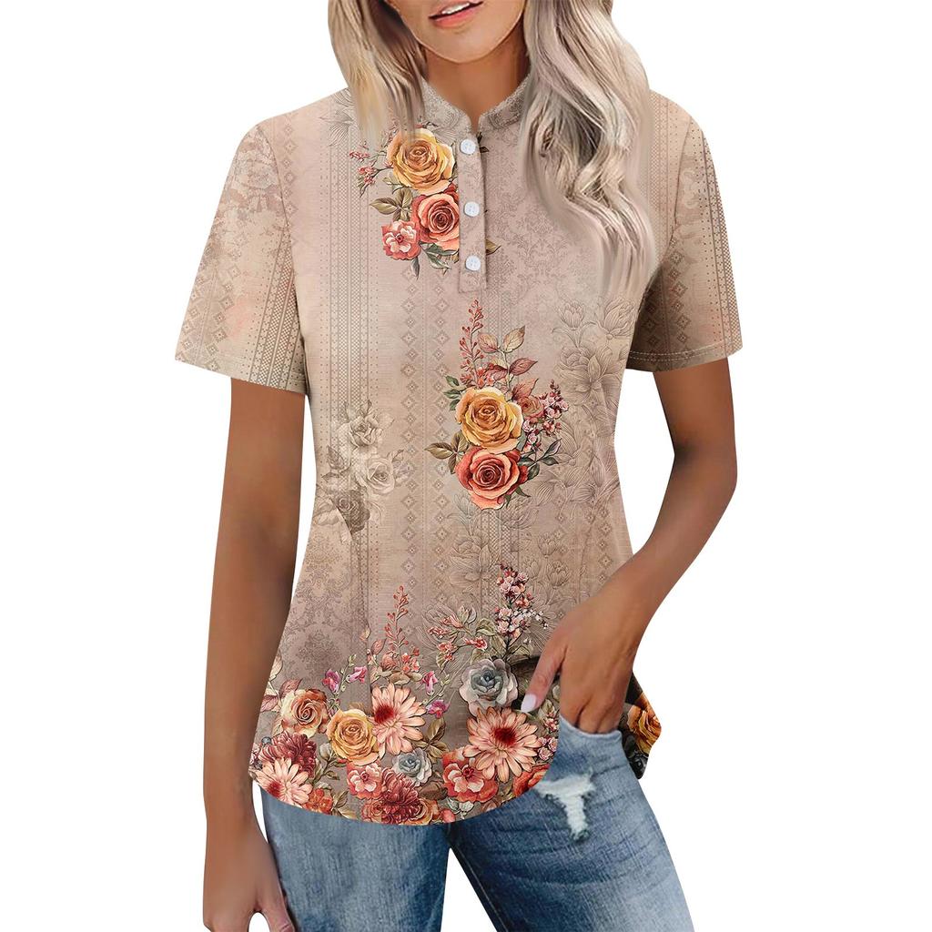 Women's Casual Floral Print V-Neck Short Sleeve Decorative Button T-Shirt Top