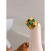Yhpup Green Natural Stone Stainless Steel 18k Gold Plated Metal Fashion Wide Ring Charm Texture Waterproof Jewelry for Women