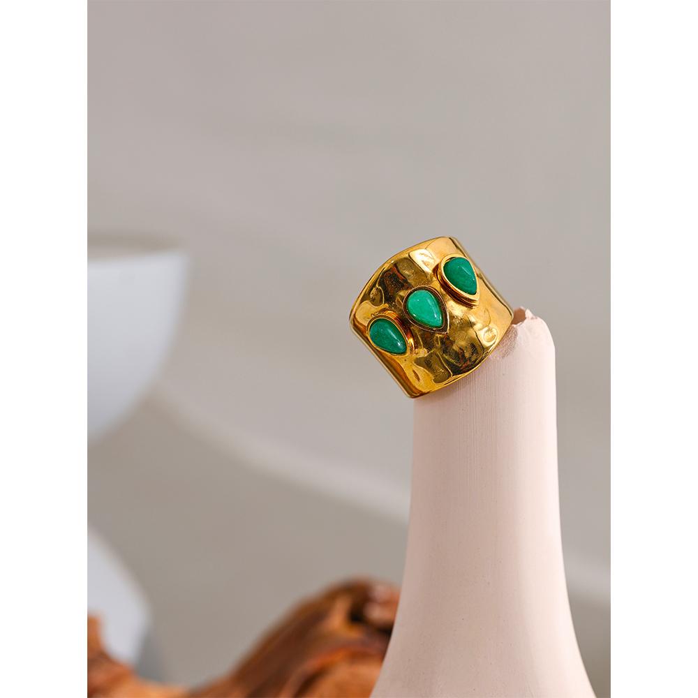Yhpup Green Natural Stone Stainless Steel 18k Gold Plated Metal Fashion Wide Ring Charm Texture Waterproof Jewelry for Women