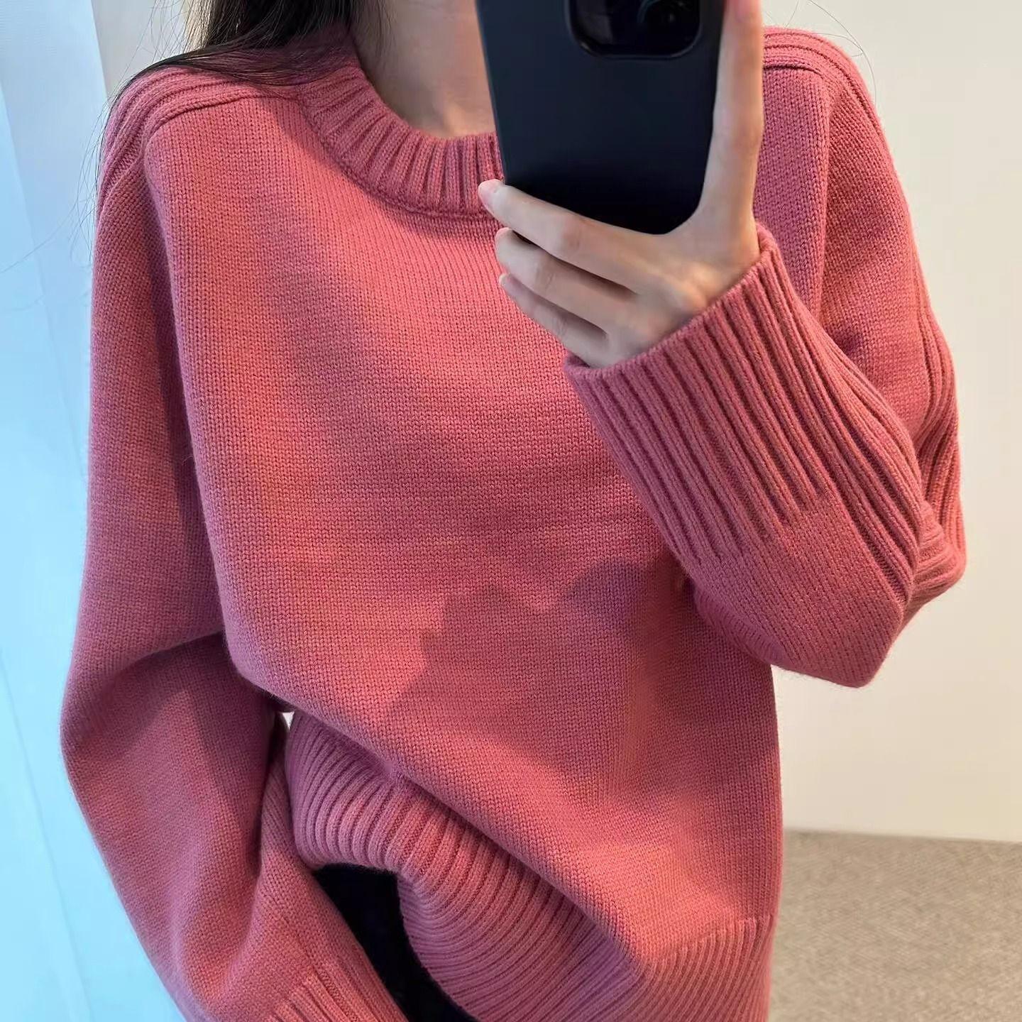 

Женский свитер-пуловер с круглым вырезом в корейском стиле на осень-зиму, свободный крой, ребристый, простой и универсальный трикотаж для верхней одежды 2XL розовый