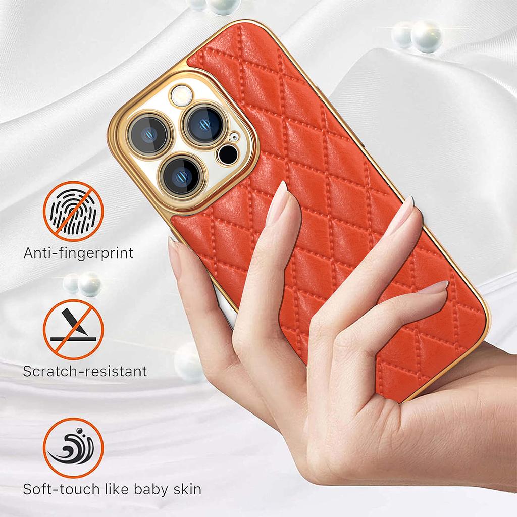 Luxury 3D Diamond Pattern Plating Leather Cases For iPhone 15 Pro Max 14 11 12 13 Shockproof Bumper Hard Lens Protection Cover