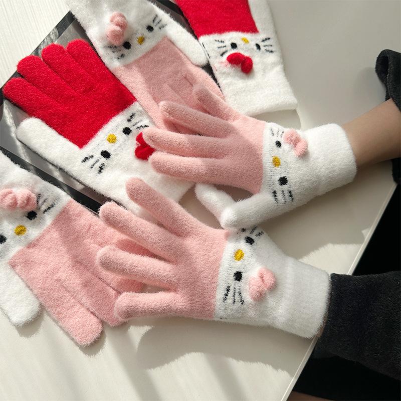 Cute Cartoon Kai Cat Patchwork Warm Knitted Gloves Girls' Autumn and Winter Bicycle Five Fingered Plush Gloves