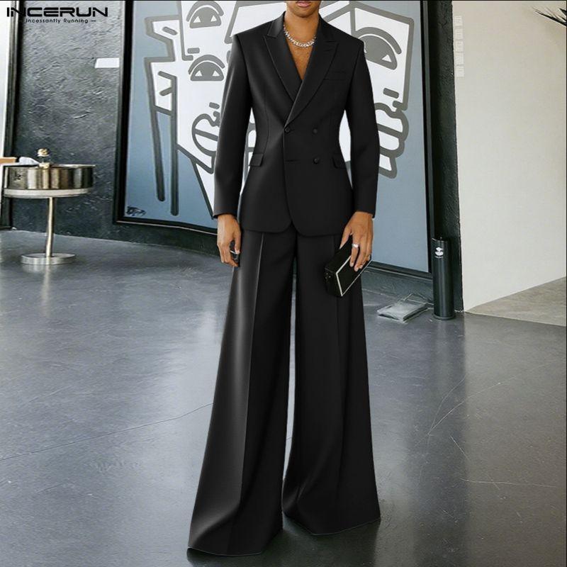 INCERUN Men Peak Lapel Long Sleeve Thin Blazer Long Pants Two Piece Suit Casual Outfits Sets