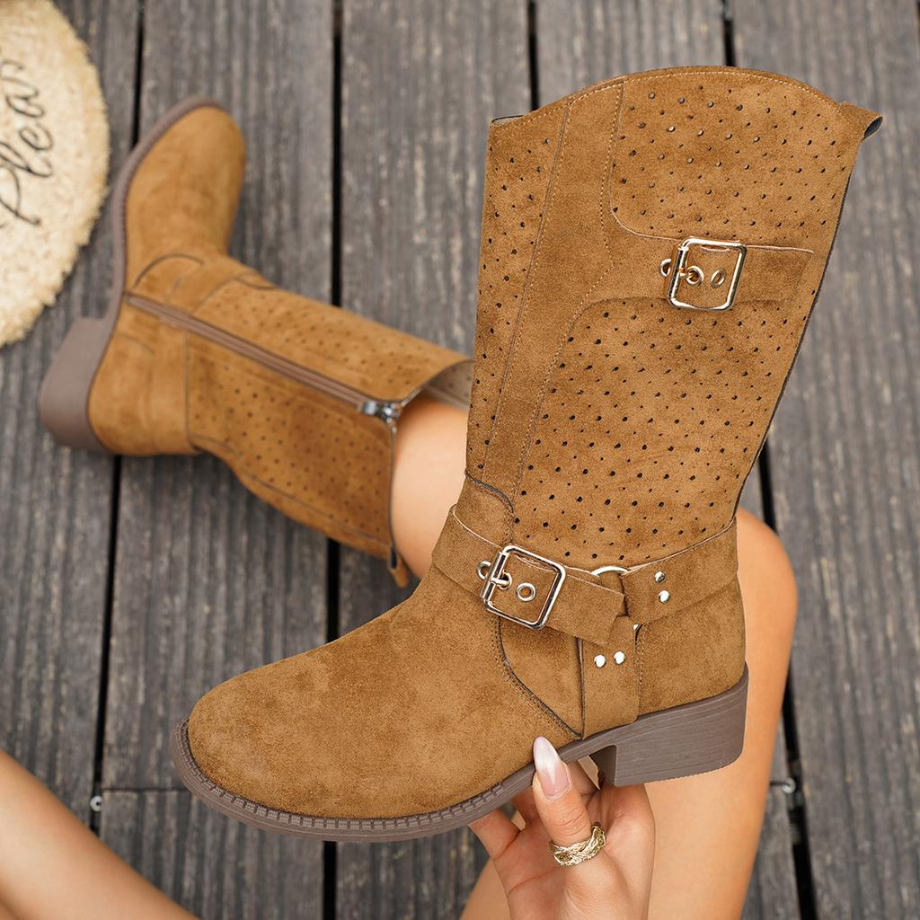 Fashion Western Retro Buckle Cowboy Boots for Women Faux Suede Hollow Out Riding Boots Woman Spring Autumn Square Heels Mid Calf Botas