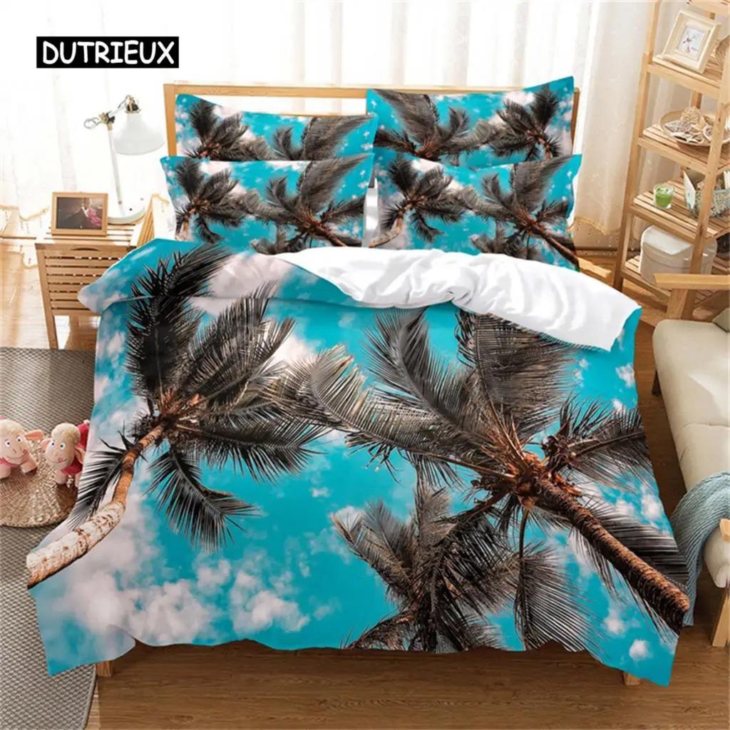 Beach Coconut 3D Tree Duvet Cover Ocean Beach Plants Bedding Collection Comforter Cover Collection For Boy Girls Bedroom Decor Bedding Collections