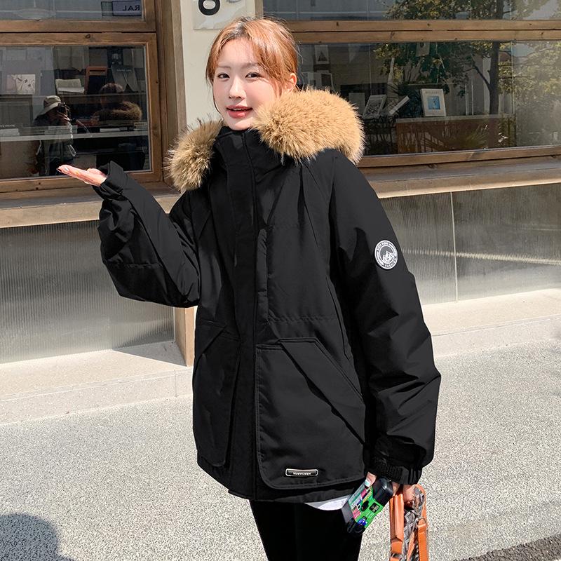 Damekåpe for høst og vinter Ensfarget Hette Pelskrage Kort Løs Fortykket Vindtett Fasjonabel Damejakke