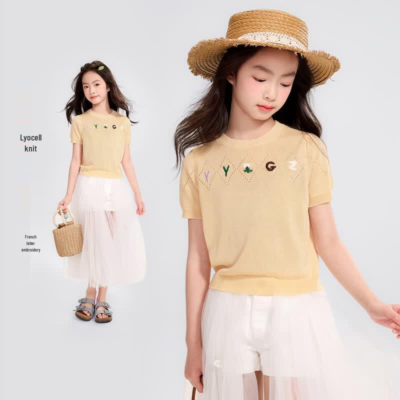 

Girls Tencel Letter Embroidered Short-Sleeve T-Shirt 120