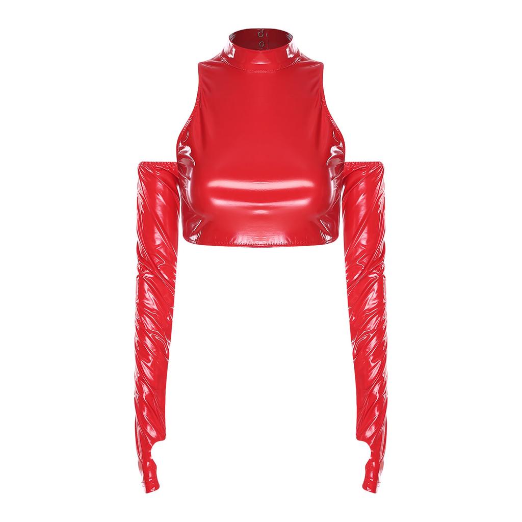 Damen Glänzendes PU Cropped Top Cold Shoulder Langarm Ausgeschnitten Rollkragen Pullover