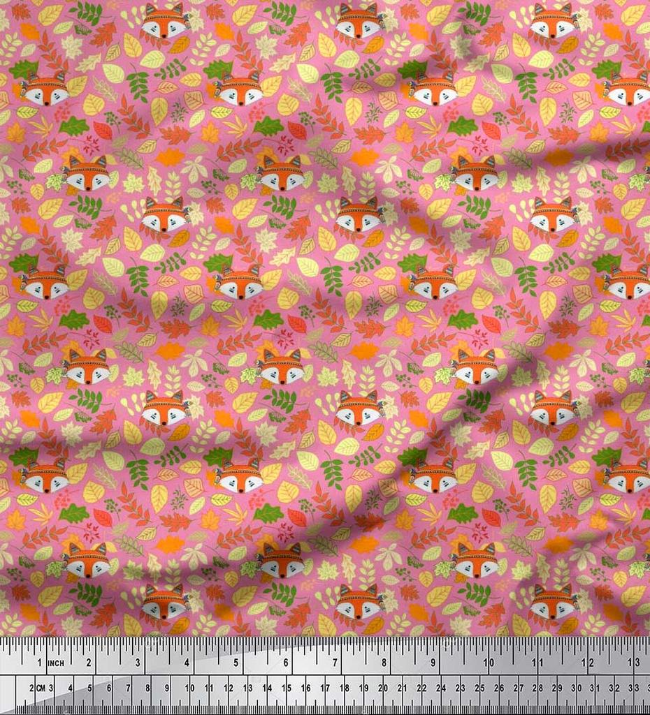 Soimoi Japan Crepe Satin Fabric Leaves & Fox Face Cartoon Printed Craft Fabric by the Metre 42 Inch
