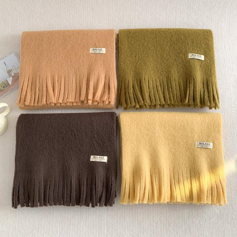 Solid Color Tassel Soft Waxy Plush Scarf for Women Autumn and Winter Plus Velvet Thickening Korean Style Versatile Couple Student Warm Scarf
