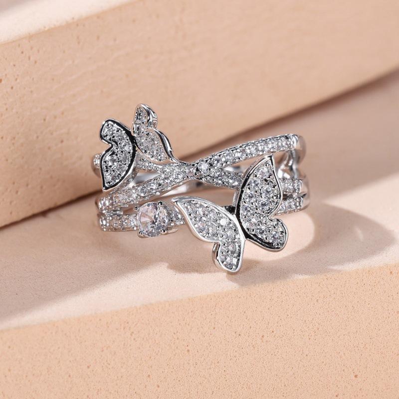 Eryun White K All White Diamond Butterfly Cross Ring Sweet Jewelry