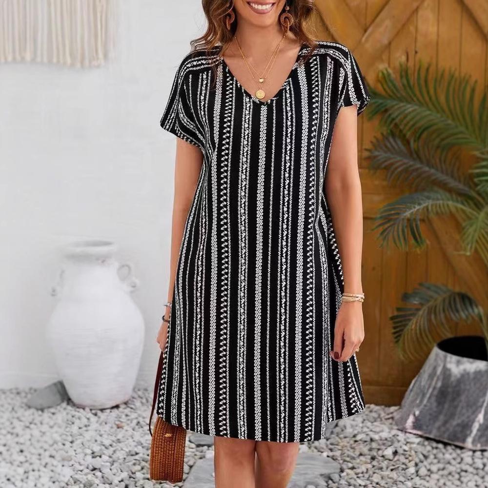 

Женское летнее платье с коротким рукавом, V-образным вырезом, в полоску, свободного кроя, цельное XL