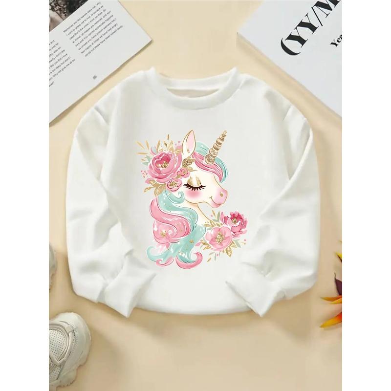 Rundhals-Sweatshirt für Mädchen mit einem verspielten Einhorn-Blumen-Design, perfekt für Frühling und Herbst. Es ist maschinenwaschbar