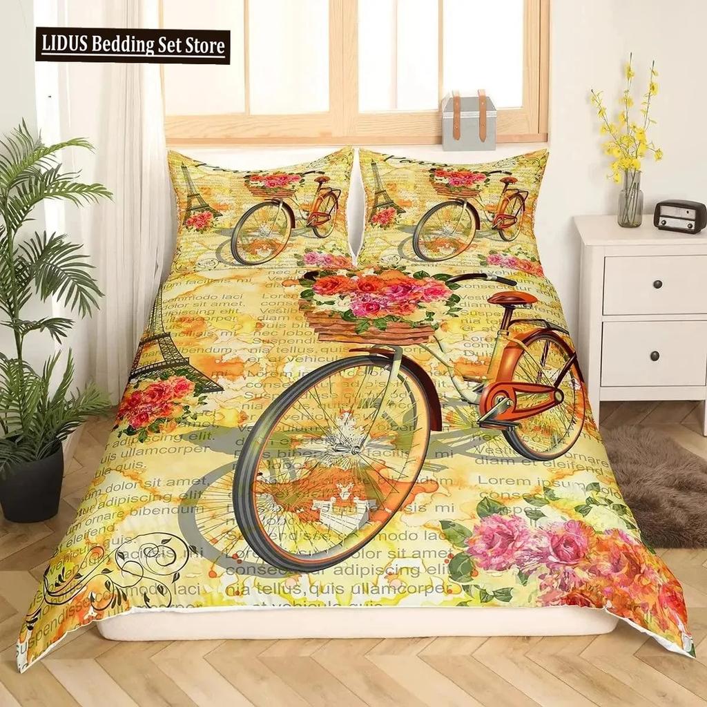 Comforter Valentine Day King Queen Paris Eiffel Tower Bedding Set Pink Watercolor Tulips Flowers Balloon Polyester