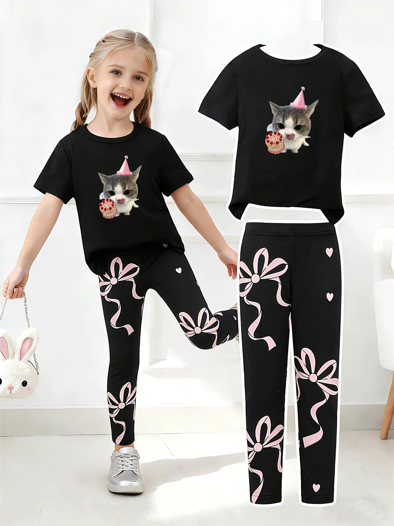 

Летний повседневный комплект для девочек с коротким рукавом и длинными брюками - Европейский и американский стиль 2-3 Years