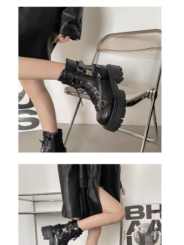 Women's Spring 2025 Black Thick-Soled Martin Boots: Height-Increasing, Versatile, Trendy British Style Ankle Motorcycle Boots