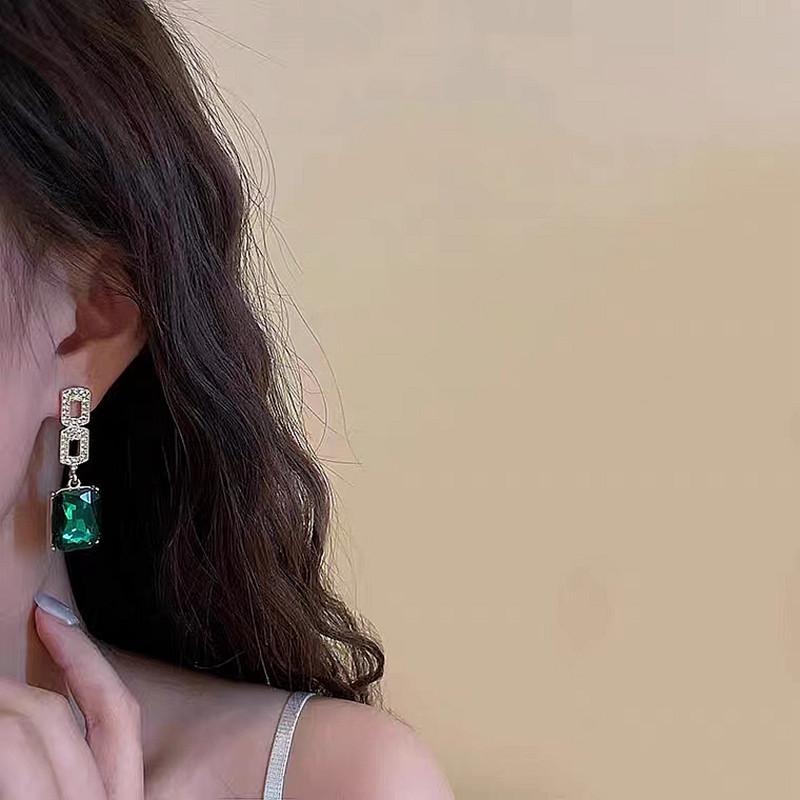 Geometric Diamond & Emerald Retro Earrings - 925 Silver, Elegant Korean Design