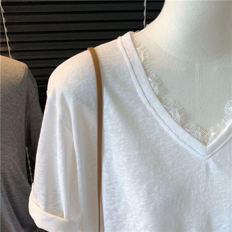 Women's Korean Style Snowflake Cotton V-Neck Lace Patchwork Short-Sleeve Loose Summer Tee