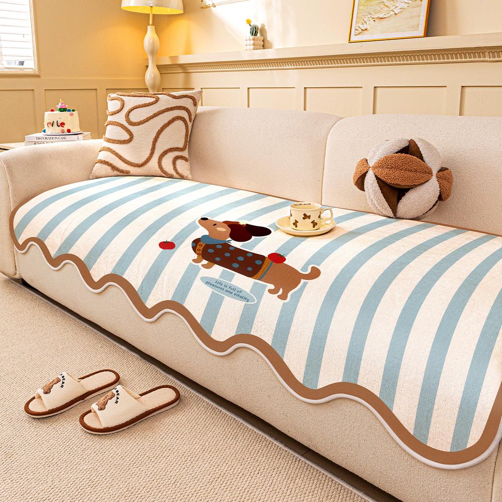 Retro Minimalist Style Sofa Cover Winter New Shaped Thickened Plush Sofa Cover Fixed Anti Slip Straight Row Sofa Sitting Cushion