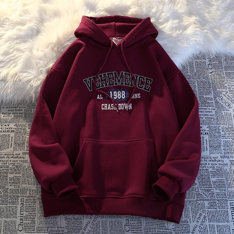 

Men s Heavyweight Retro Hoodie: Loose Fit, Velvet Thickened, Versatile for Spring, Autumn, and Winter 4XL бордовий