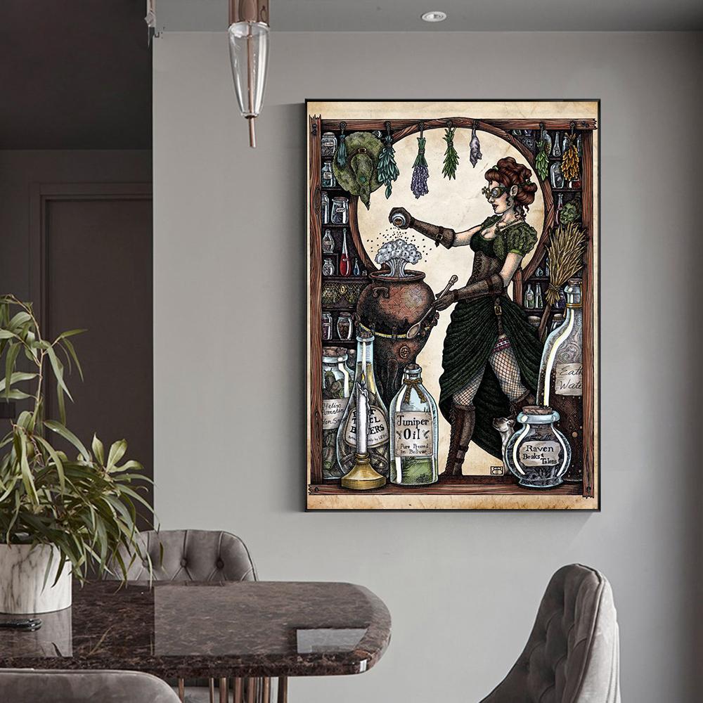 Průmyslová čarodějnice na výrobu lektvarů, malba na plátně, fantastický nástěnný umělecký plakát, vtipný obrázek pro obývací pokoj, domácí dekorace, cuadros