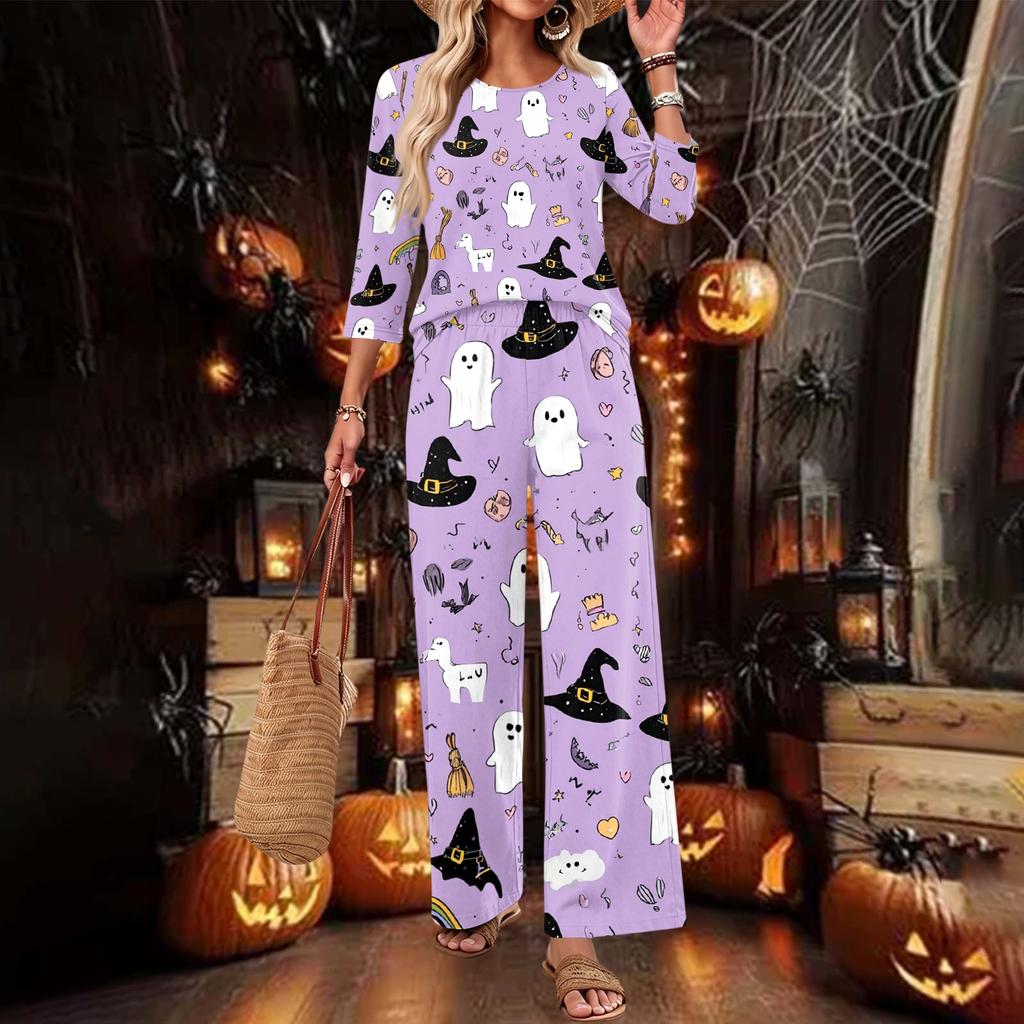 Women's Casual Two Piece Outfit Round Neck Loose Fit 3/4 Sleeve Top and Pants Set for Everyday Wear