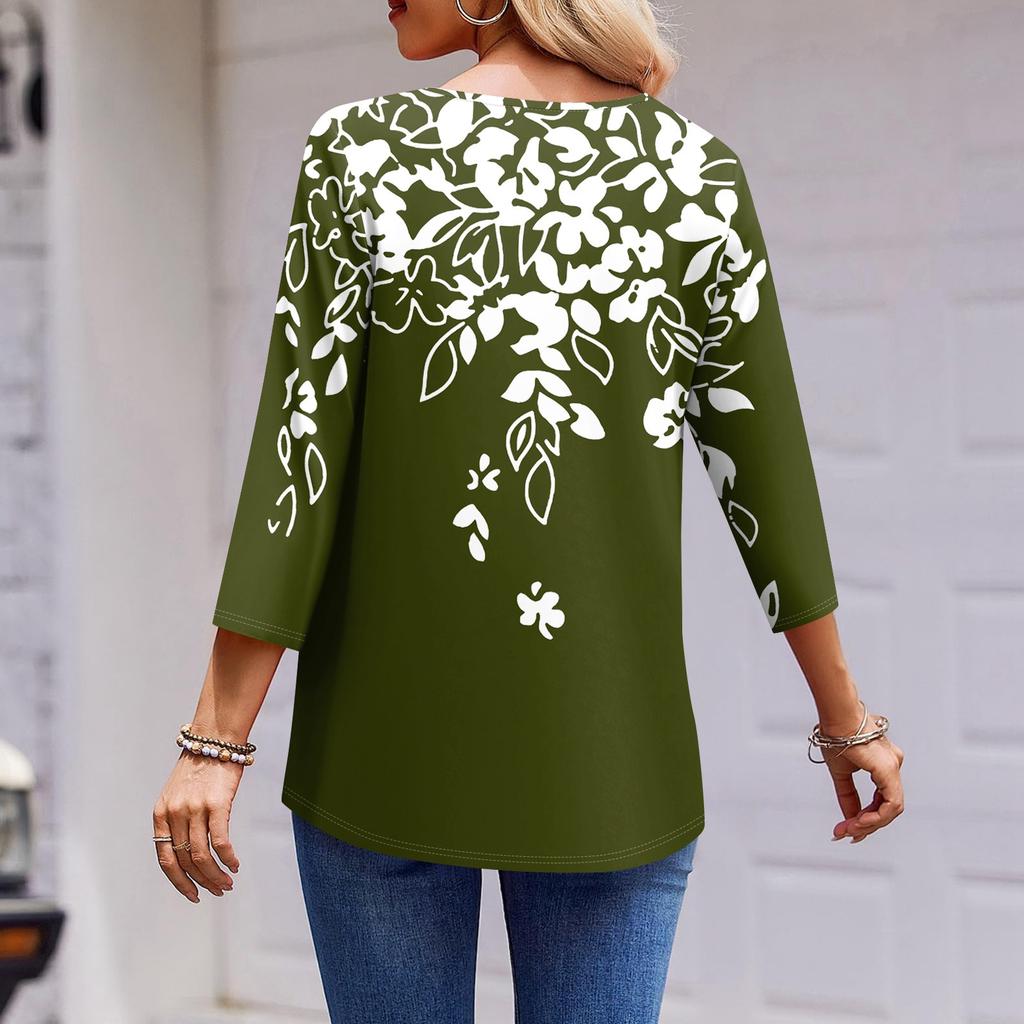 Women's Round Neck Pull Stripe Decorative Button Top Casual Color 3/4 Sleeve T Shirt