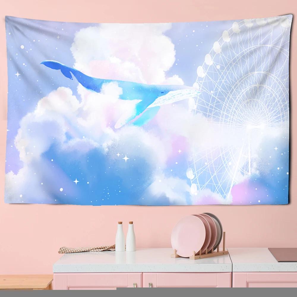 Tapestry Aesthetics Cartoon  Sky Dolphin  Pink Purple Cloud  Bedroom Wall Home Decoration