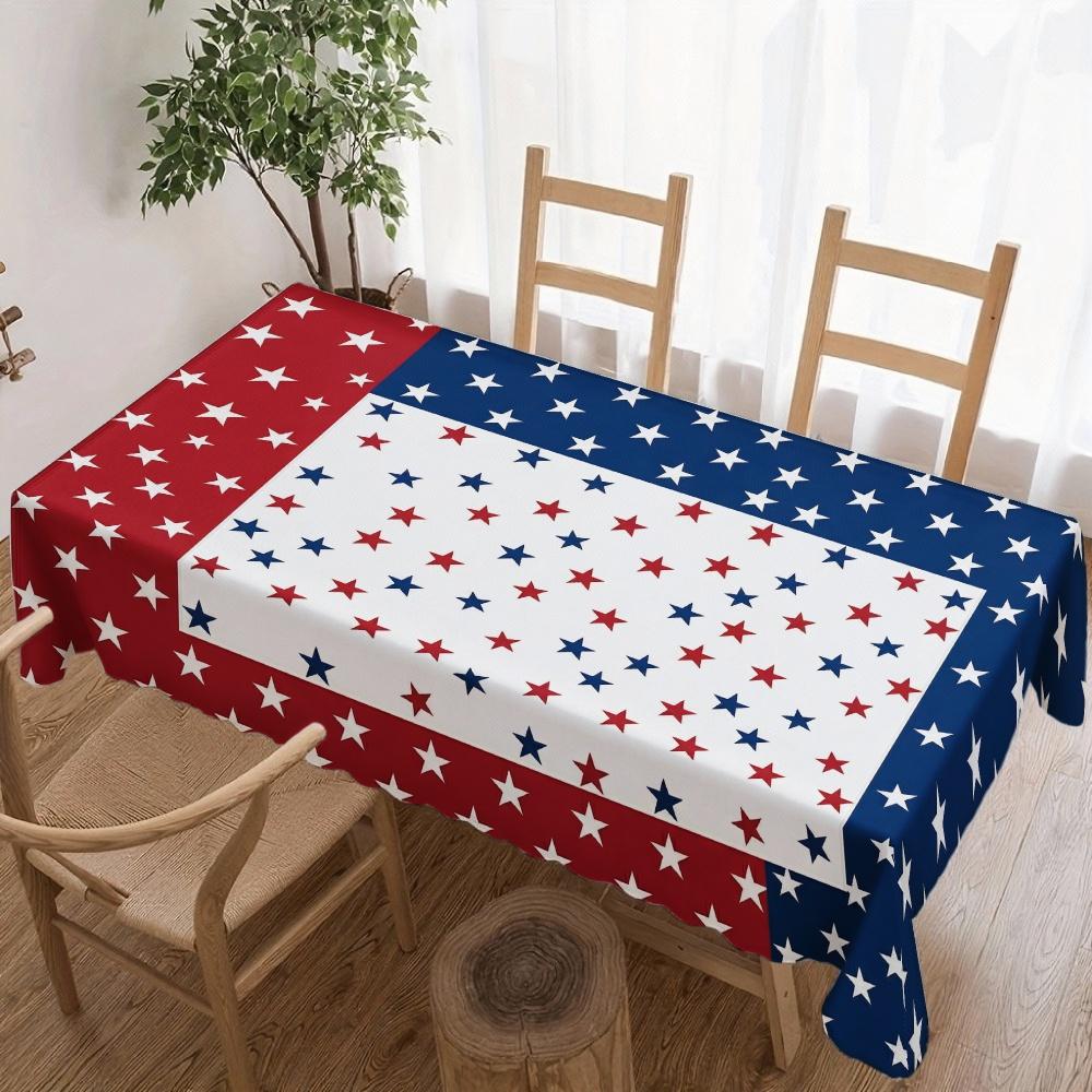 Independence Day Flower Wreath Waterproof Rectangular Tablecloth Red Blue Flower Star USA Flag Tables Cover for Dinner Kitchen