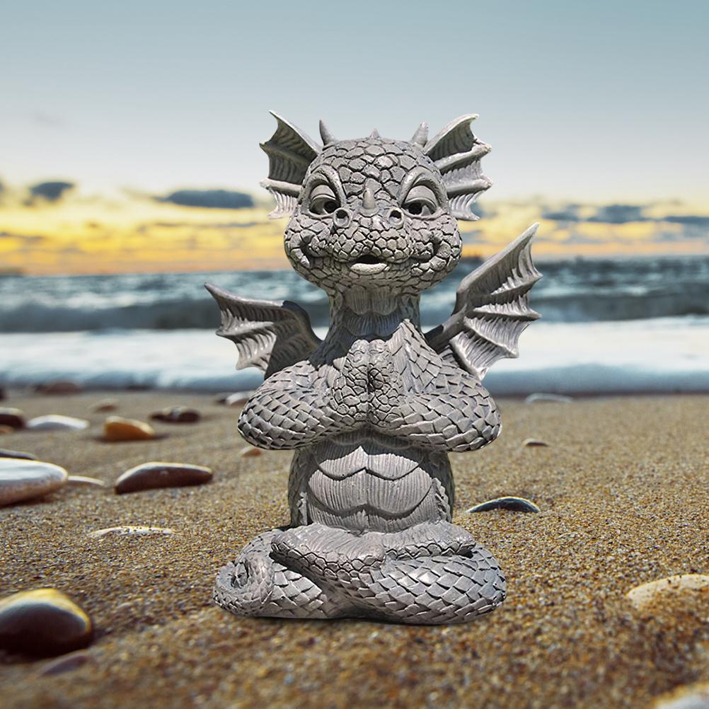 Cute Baby Dragon Statue Blinking Yoga Dragon Garden Ornament Gray Home Decor