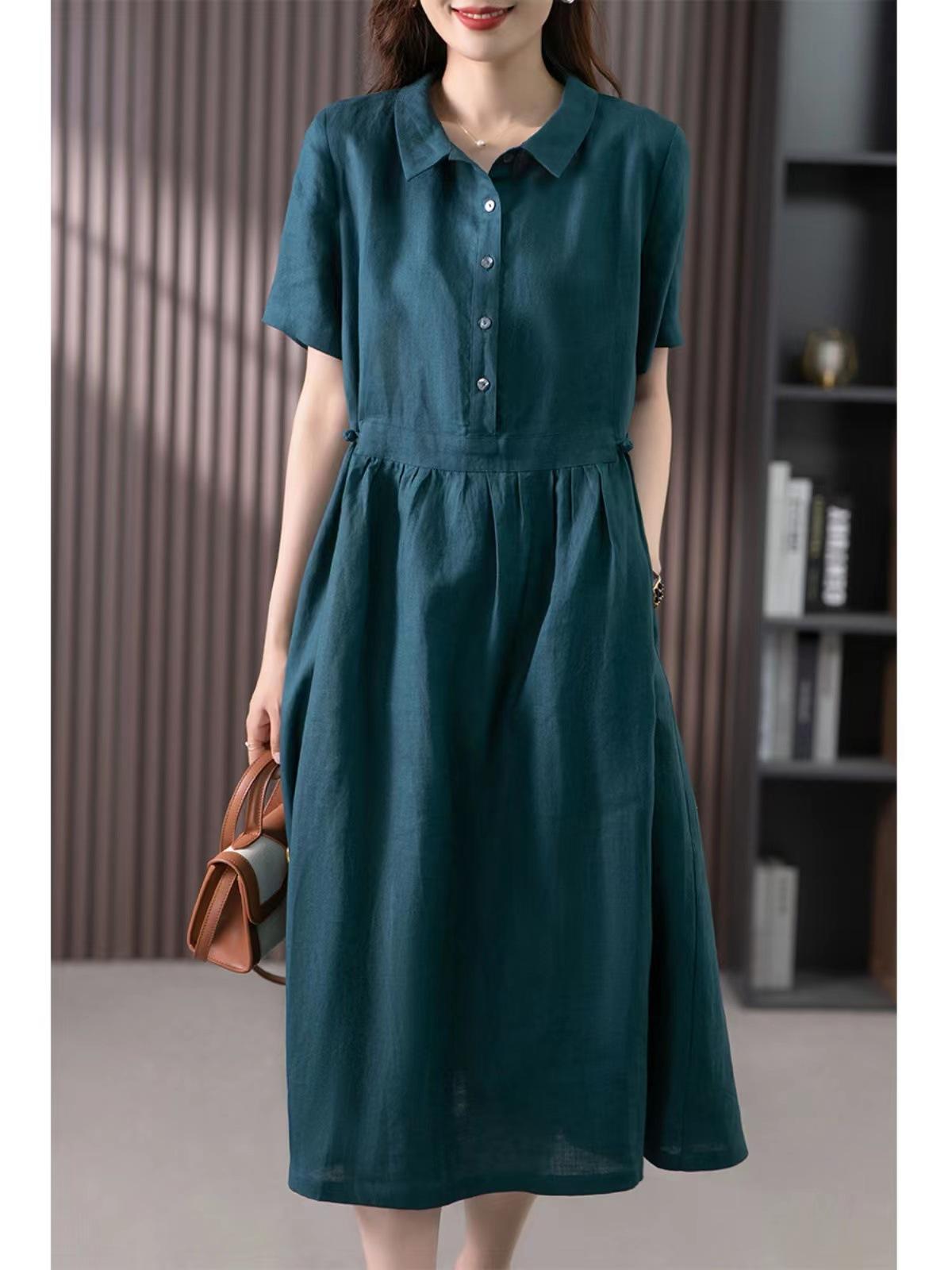 

2025 лето новое платье из хлопка и льна с воротником поло женское ретро свободное и тонкое однотонное длинное платье с короткими рукавами M павлин голубой