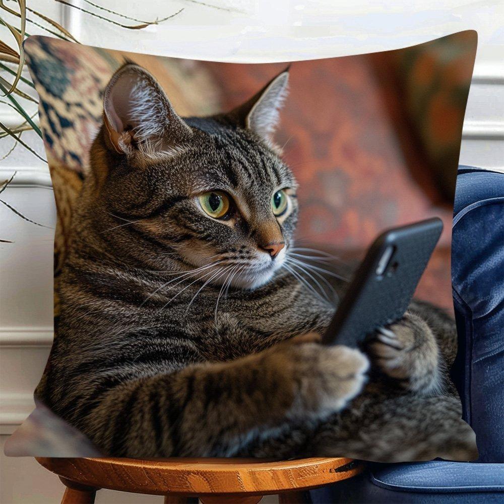 1 Weird Cat Use Smartphone Pillowcase 18x18 Inch - Single Sided 2D Printed Polyester, Zipper Closed, Machine Washed Modern Sofa Cushion Cover 40x40cm/16x16inch