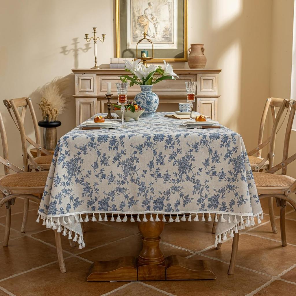Square Vintage Cotton Linen Tablecloth with Stitching Tassels Washable Fabric Table Cover for Christmas Dining Kitchen Tea Party