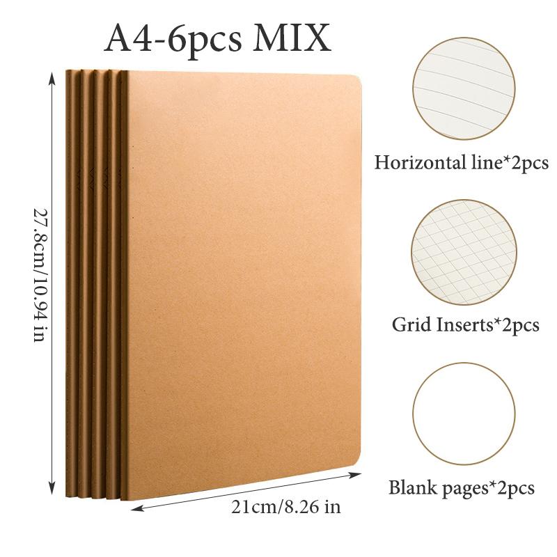6 Pcs A4 Kraft Paper Notebook,36 Sheets 72 Pages/Book Horizontal Line Blank Grid Inner Page Student Learning Testbook QP-66
