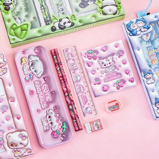 7Pcs Cartoon Stationery Gift Set for Kids Back to School Pencil Kit in Gift Box Elementary Student Supplies with Eraser